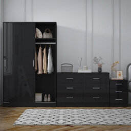 Reflect 2 Door Sliding Wardrobe, 6 Drawer Wide Chest, 3 Drawer Bedside - Black Gloss & Black Oak - Modern Bedroom Furniture Set - thumbnail 3