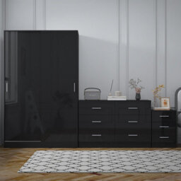 Reflect 2 Door Sliding Wardrobe, 6 Drawer Wide Chest, 3 Drawer Bedside - Black Gloss & Black Oak - Modern Bedroom Furniture Set - thumbnail 4