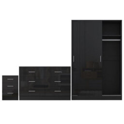 Reflect 2 Door Sliding Wardrobe, 6 Drawer Wide Chest, 3 Drawer Bedside - Black Gloss & Black Oak - Modern Bedroom Furniture Set - thumbnail 7