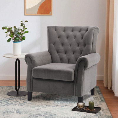 Living And Home Velvet Tufted Rolled Armrests And Black Oak Legs Armchair, Grey - image 1