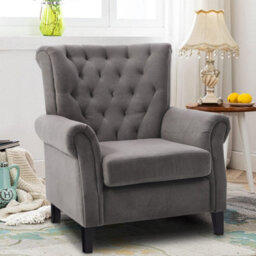 Living And Home Velvet Tufted Rolled Armrests And Black Oak Legs Armchair, Grey - thumbnail 3