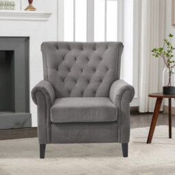 Living And Home Velvet Tufted Rolled Armrests And Black Oak Legs Armchair, Grey - thumbnail 2