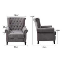 Living And Home Velvet Tufted Rolled Armrests And Black Oak Legs Armchair, Grey - thumbnail 6