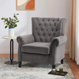Living And Home Velvet Tufted Rolled Armrests And Black Oak Legs Armchair, Grey