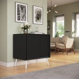Urbn-Living Urbnliving 2-Door Sliding Chest Cabinet Sideboard Black Carcass Closet Storage Cupboard Organiser With White Legs - thumbnail 2