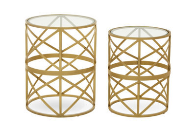 Orsina Set Of 2   Diamond Pattern Side Table, Round Bedside Table With Marble Top,  Gold Metallic Nesting Table - image 1