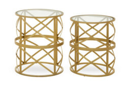 Orsina Set Of 2   Diamond Pattern Side Table, Round Bedside Table With Marble Top,  Gold Metallic Nesting Table - thumbnail 2
