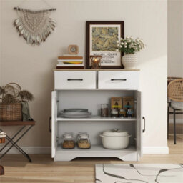 2 Doors 2 Drawers / White Storage Console Cabinet With Wooden Top Farmhouse Sideboard - thumbnail 5