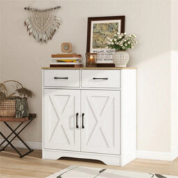 2 Doors 2 Drawers / White Storage Console Cabinet With Wooden Top Farmhouse Sideboard - thumbnail 4