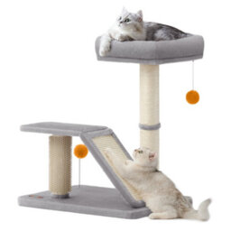 LEDREM Cat Scratching Post With Bed, Cat Scratcher With Perch, Self-Groomer, Small Cat Tree For Indoor Cats, Light Gray - thumbnail 2