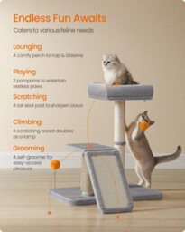 LEDREM Cat Scratching Post With Bed, Cat Scratcher With Perch, Self-Groomer, Small Cat Tree For Indoor Cats, Light Gray - thumbnail 4