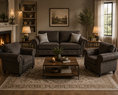 SC FURNITURE LIMITED Dark Grey Fabric 3 Seater Sofa & 2 Armchairs Suite Oldham - image 1