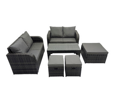 Fimous 3 Seater Sofa Reclining Chair Coffee Table Set Rattan Garden Outdoor Furniture Set With 3 Stools Dark Grey Mixed - image 1