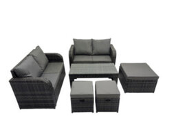 Fimous 3 Seater Sofa Reclining Chair Coffee Table Set Rattan Garden Outdoor Furniture Set With 3 Stools Dark Grey Mixed - thumbnail 1