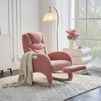 Abrihome Teddy Fabric Foam Upholstered Armchair Rocking Chair With Pull-Out Footrest, Pink - image 1