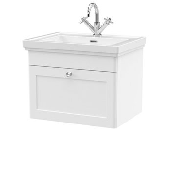 Balterley Swynnerton Traditional Bathroom Wall Hung 1-Drawer Vanity Unit & Fireclay Basin, Satin White, 600mm - image 1