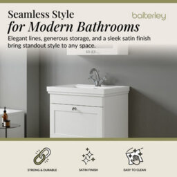 Balterley Swynnerton Traditional Bathroom Wall Hung 1-Drawer Vanity Unit & Fireclay Basin, Satin White, 600mm - thumbnail 2