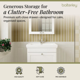 Balterley Swynnerton Traditional Bathroom Wall Hung 1-Drawer Vanity Unit & Fireclay Basin, Satin White, 600mm - thumbnail 3