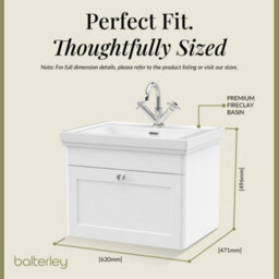 Balterley Swynnerton Traditional Bathroom Wall Hung 1-Drawer Vanity Unit & Fireclay Basin, Satin White, 600mm - thumbnail 5