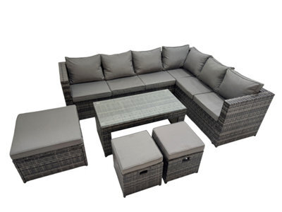 Fimous Outdoor Rattan Oblong Coffee Table Corner Sofa Sets Garden Furniture Set With 3 Stools Dark Grey Mixed - image 1