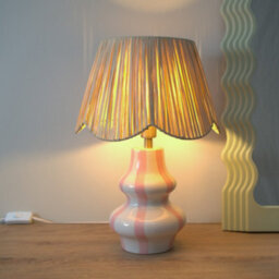 Valuelights Perrie Blush Pink Ceramic Pin Stripe Bedside Table Lamp With Raffia Shade - Led Bulb Included