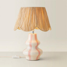 Valuelights Perrie Blush Pink Ceramic Pin Stripe Bedside Table Lamp With Raffia Shade - Led Bulb Included - thumbnail 6