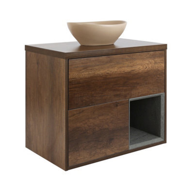 Homestylestore Dark Oak 800mm Wall Hung Bathroom Vanity Unit Oval Sand Countertop Basin Open Shelf - image 1