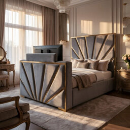Luxury High Headboard Velvet Tv Bed, Remote Control Tv Footboard, Grey