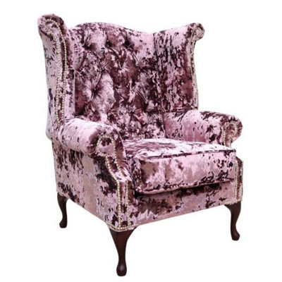 Chesterfield High Back Wing Chair Lustro Blush Velvet In Queen Anne Style - image 1
