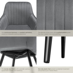 Tectake Set Of 6 Chair Marilyn - Velvet Look, Quilted, Continuous Backrest, Slim Steel Legs  - Grey/black - thumbnail 5