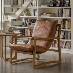 Xample Gallery Burela Vintage Brown Leather Lounge Chair Solid Ash Wood Frame Luxury Accent Armchair Fully Assembled