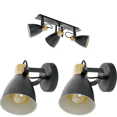 Stylish Black And Wood Ceiling Spot Light With Matching Wall Lights - image 1