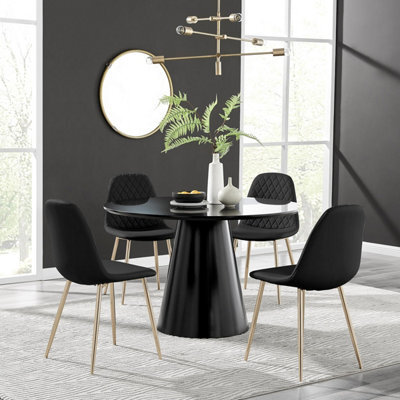 Furniturebox Uk Palma Black Semi Gloss Round Dining Table & 4 Black Corona Gold Leg Chairs - image 1