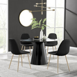 Furniturebox Uk Palma Black Semi Gloss Round Dining Table & 4 Black Corona Gold Leg Chairs