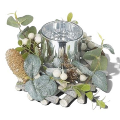 Heaven Sends Christmas Festive Eucalyptus & Silver Candle Holder - 16.5 X 10 Cm, Silver Christmas Centrepiece