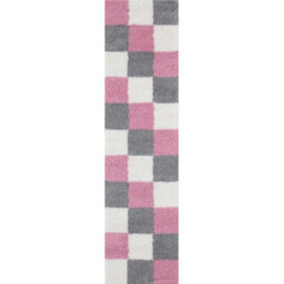 The Rugs Pink Grey And Ivory Soft Checkerboard Design Fluffy Shaggy Rugs And Runners High Pile Living Room Kitchen Hallway 381