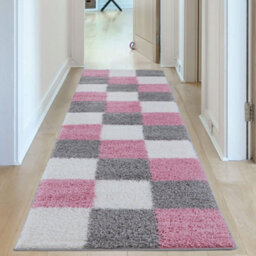 The Rugs Pink Grey And Ivory Soft Checkerboard Design Fluffy Shaggy Rugs And Runners High Pile Living Room Kitchen Hallway 381 - thumbnail 2