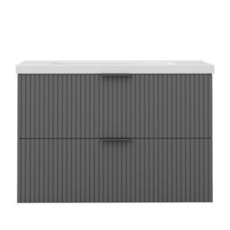 AVER-GROWTH 800mm Bathroom Vanity Unit With Ceramic Basin Sink 2 Drawer Wall Hung Black Handles Matt Grey Bathroom Cabinet Storage Cupboard - thumbnail 3