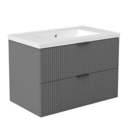 AVER-GROWTH 800mm Bathroom Vanity Unit With Ceramic Basin Sink 2 Drawer Wall Hung Black Handles Matt Grey Bathroom Cabinet Storage Cupboard - thumbnail 1