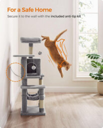Songmics Multi-Level Cat Condo, Indoor Cat Tree Tower With 4 Scratching Posts, 2 Perches, Hammock, And Cave, Light Grey - thumbnail 7