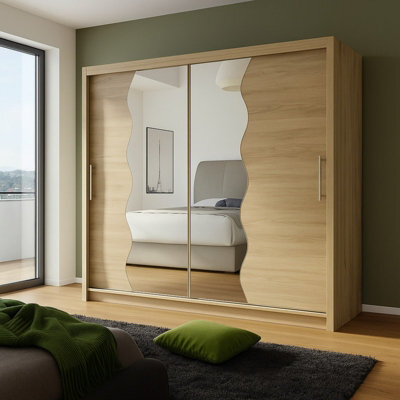 Bega X180 Wardrobe 180Cm With Sliding Doors Mirro Hanging Rail Shelves Modern Bedroom Storage Sonoma - image 1