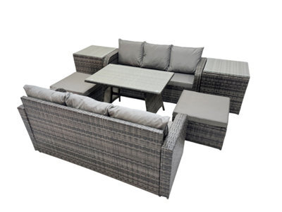 Fimous Garden Rattan Outdoor Furniture Set 8 Seater With 3 Seater Sofa 2 Side Table 2 Big Stools Dark Grey - image 1
