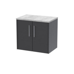 Hudson Reed Juno Wall Hung 2 Soft Close Door Vanity Unit With Laminate Worktop In Graphite Grey Woodgrain Finish, 605mm - thumbnail 1
