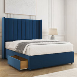 Bsspoke Hannah Divan Bed Blue Plush Velvet 54Inch Wingedback Panel Headboard 2 Drawers Footend & Mattress In All Sizes - thumbnail 1