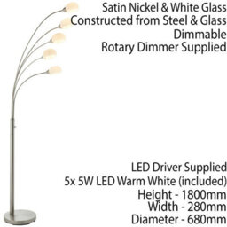 5 Light Floor Lamp Nickel & Glass Tall Standing Curved Multi Arm Living Room - thumbnail 2