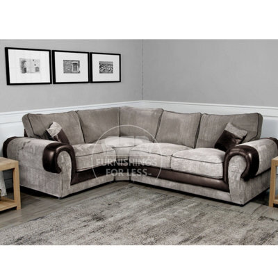 Furnishings For Less UK Large Portland Brown And Beige Fabric And Leather 4 Seater L Shaped Corner Sofa Roll Arm Fullback Left Hand Facing