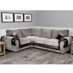 Furnishings For Less UK Large Portland Brown And Beige Fabric And Leather 4 Seater L Shaped Corner Sofa Roll Arm Fullback Left Hand Facing