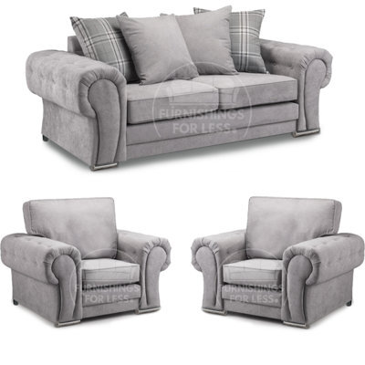 Furnishings For Less UK Milan Fabric 3 Piece Sofa Suite Grey Scatter Back 3 Seater And 2 Matching Armchairs -  3 1 1 - image 1