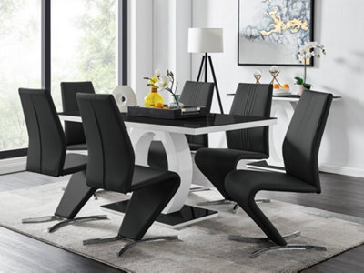 Furniturebox Giovani Rectangular 6 Seat White High Gloss Halo Structural Dining Table Black Glass Top And 6 Black Faux Leather Willow Chairs - image 1