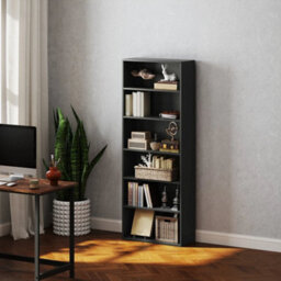 6 Tier Bookshelf, Freestanding Bookcase With Adjustable Shelves, Black - thumbnail 1